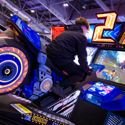 Player racing on Storm Rider 2 | Sega Amusements Int.
